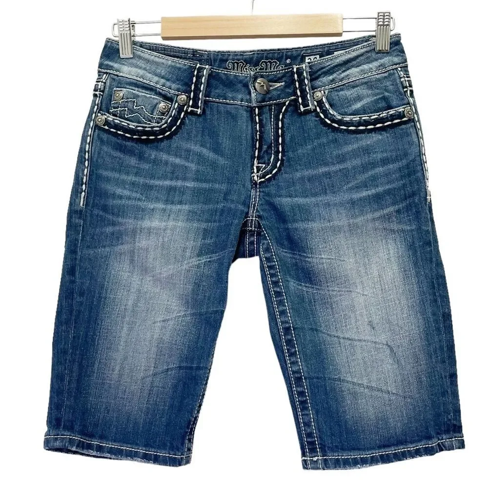 Miss Me Irene Bermuda Shorts Sz 28 Low Rise Back Flap Pocket Y2K Dark Wash Jorts